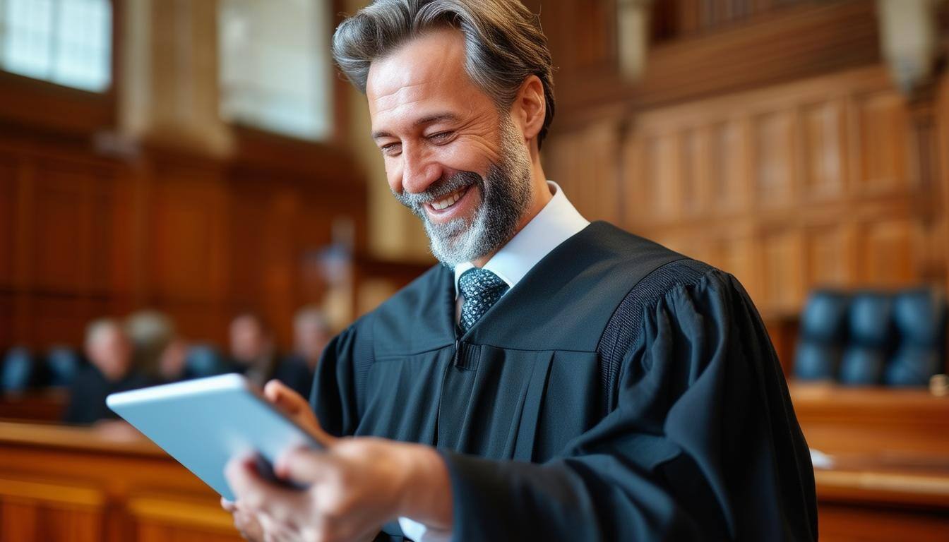 A Judge celebrating using a tablet