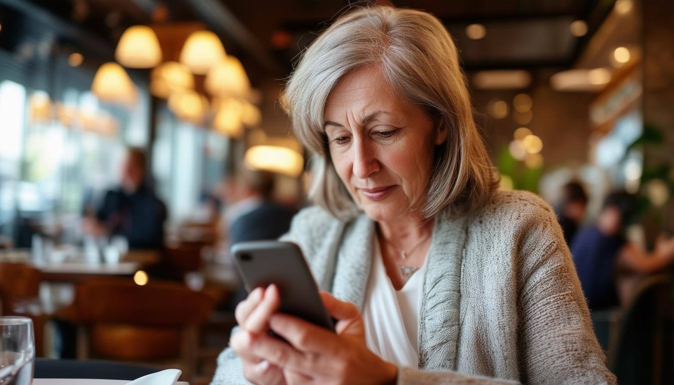An middleaged woman at restaurant and checks phone