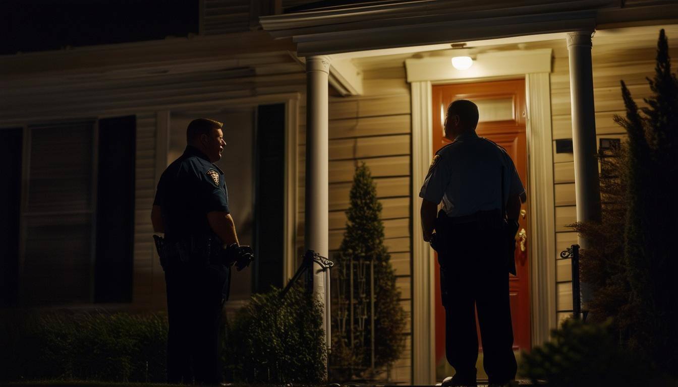 Law Enforcement Officer talking to a judge at the front door of the judges house at night