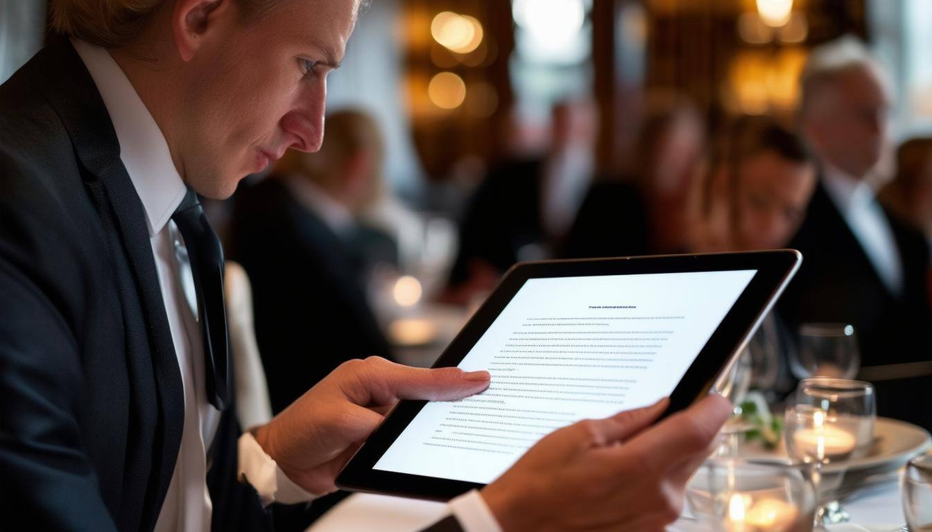 Prosecutor reviewing a document on a tablet at dinner