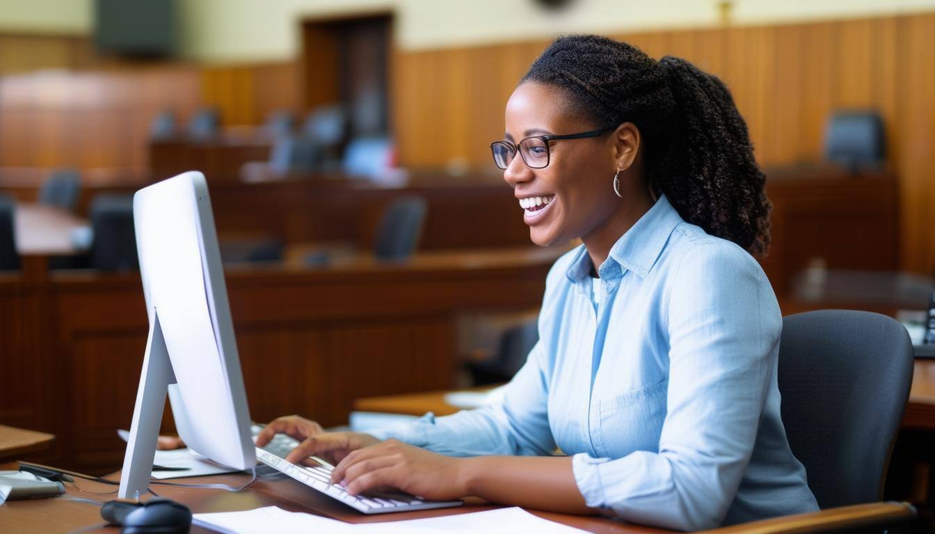 Staff happily working on a computer in a courthouse