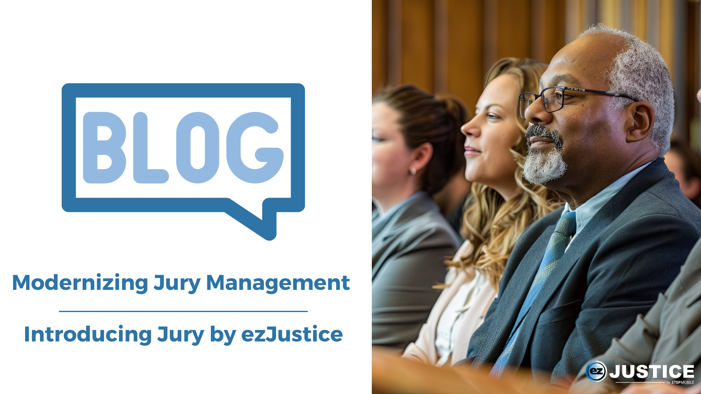 Court administrator using Jury by ezJustice software on a computer to manage juror questionnaires, trial scheduling, and communications in a modern courtroom setting.
