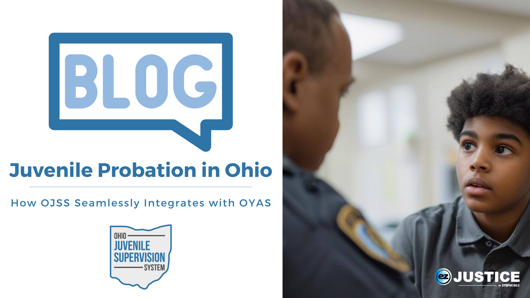 Illustration of a juvenile probation officer using the Ohio Juvenile Supervision System (OJSS) on a laptop, showcasing the seamless integration with the Ohio Youth Assessment System (OYAS). The screen displays automated data syncing features, a generated DYS report, and options for quarterly and annual reporting. The image emphasizes efficiency and user-friendly functionality, representing how OJSS simplifies workflows for probation officers in Ohio