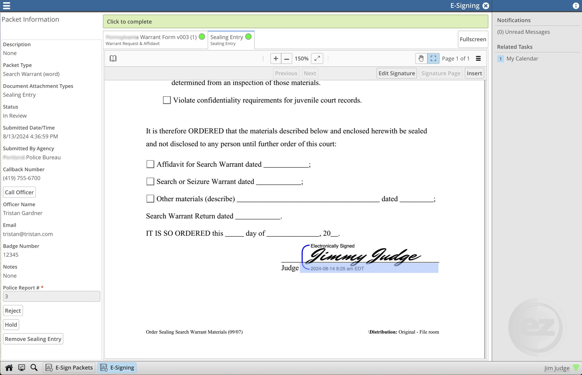 Add a sealing entry for the judges as a prosecutor on ezWarrant an electronic search warrant system by ezJustice