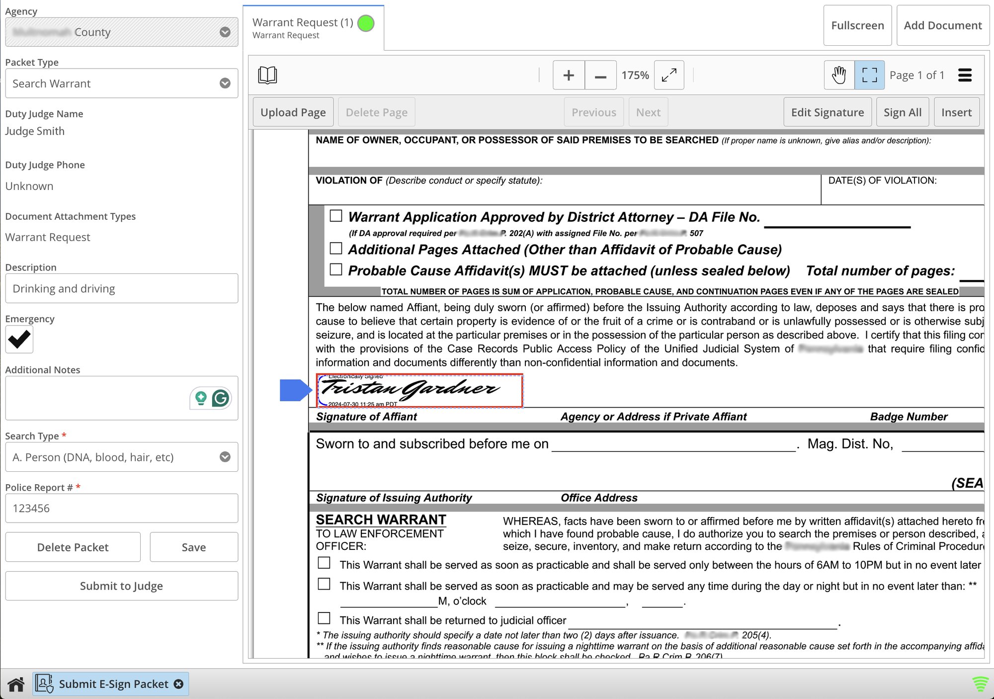 Law enforcement inserts their e-signature to a search warrant with just one click using ezWarrant an electronic search warrant system by ezJustice